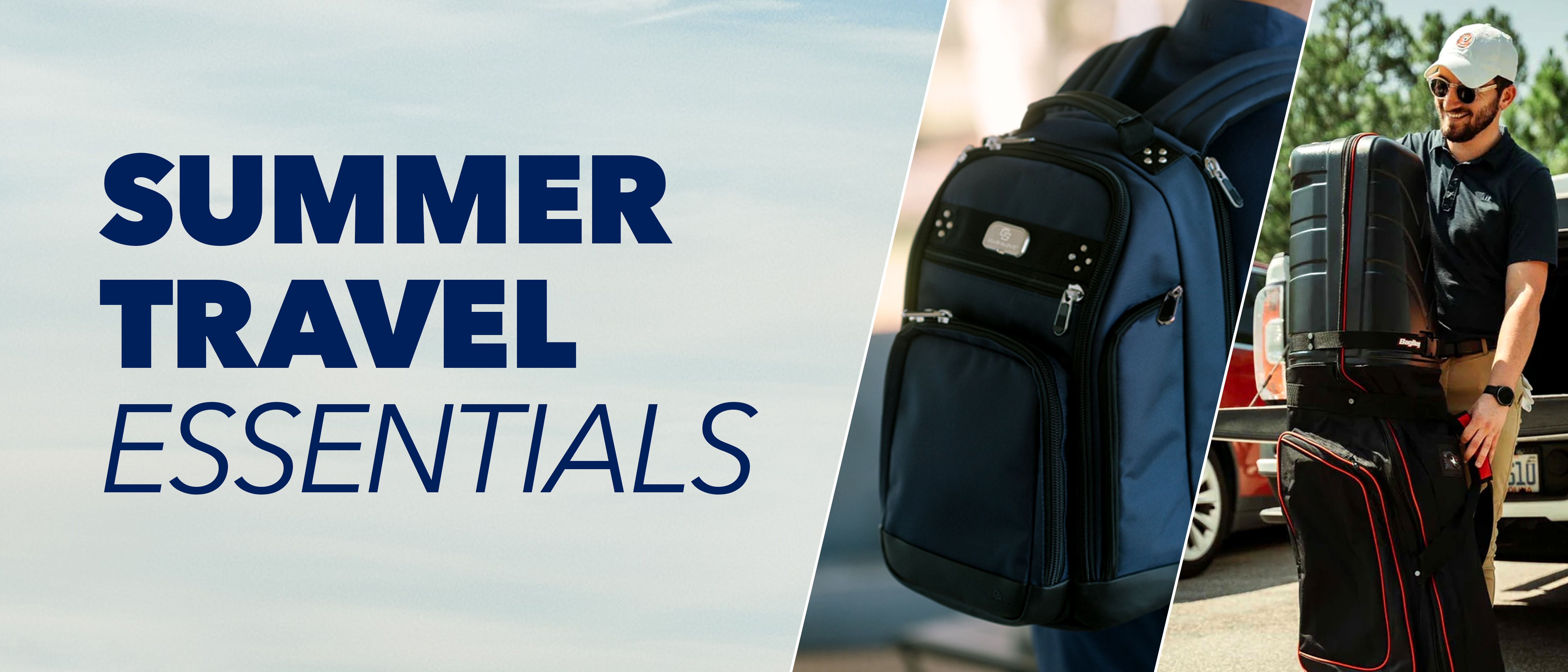 Picture shows a man with his luggage and bookbag who is prepared and packed for a summer golf trip.