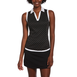 Polka Dot Printed Sleeveless Golf Polo Shirt