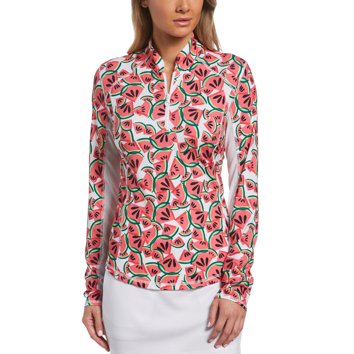 PGA TOUR Apparel Watermelon Print Long Sleeve 1/4 Zip Golf Shirt PGA