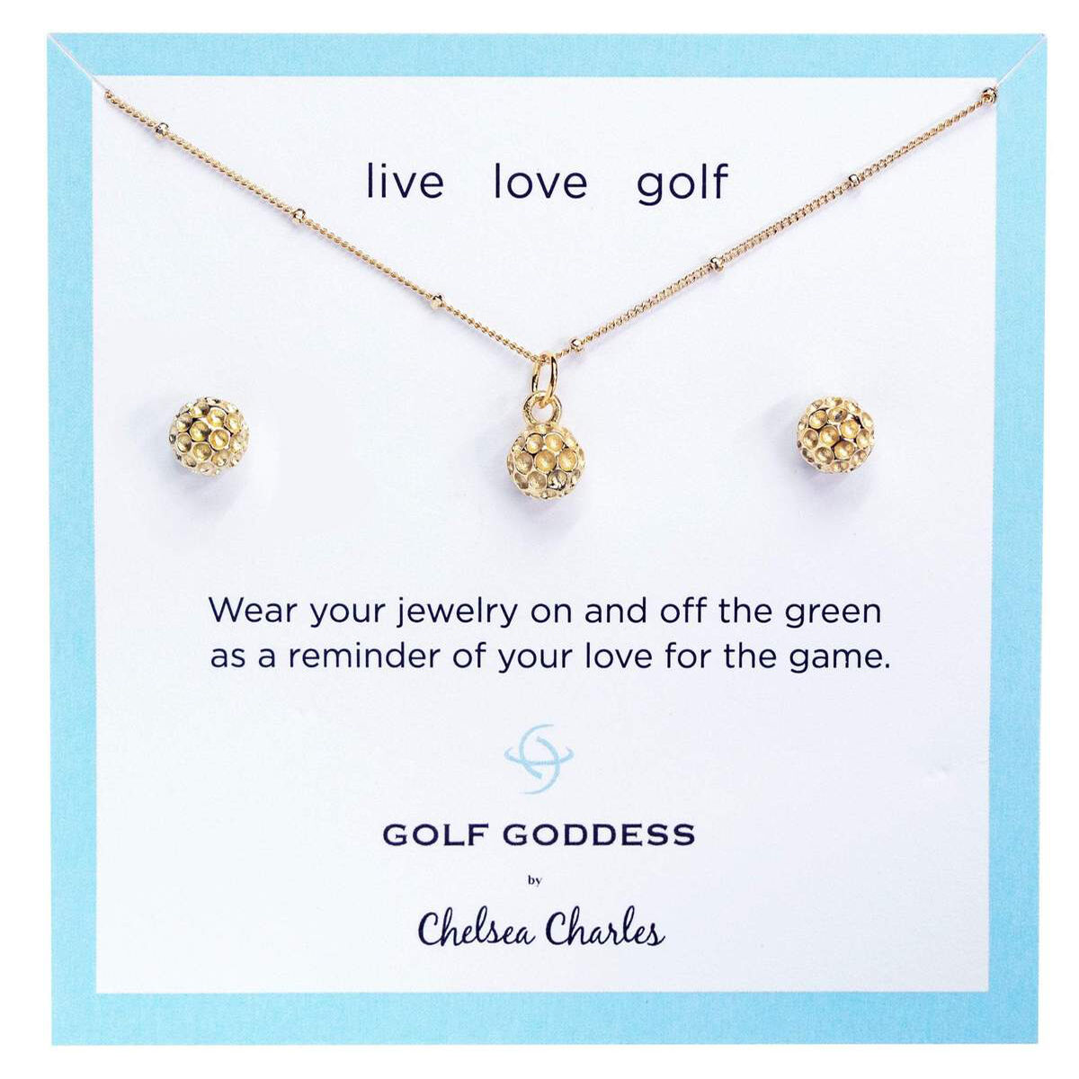 Chelsea Charles Golf Goddess Gold Golf Ball Necklace and Earrings