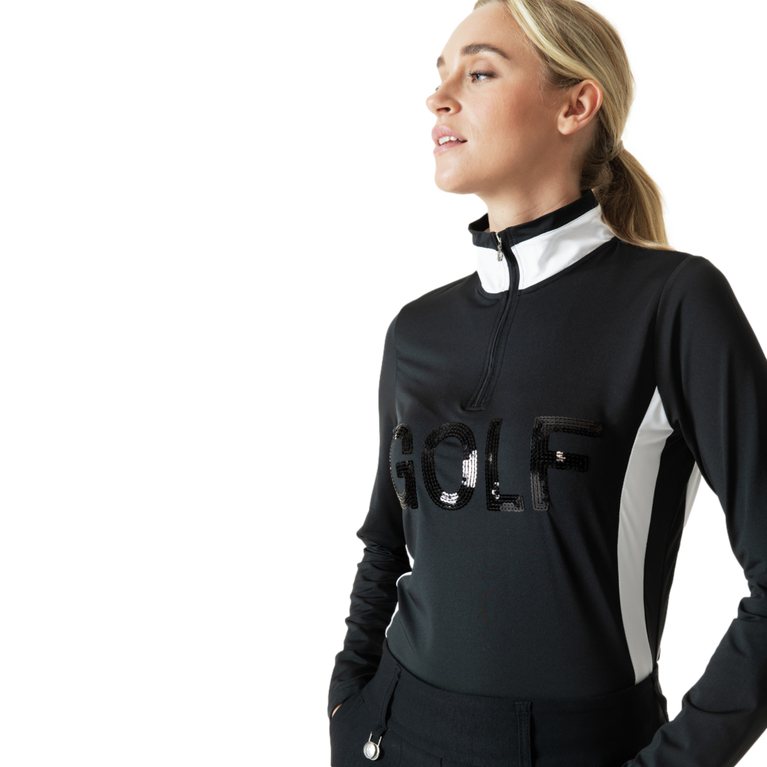 Irregular Check Collection: Netty Sequin Golf Motif Quarter Zip Pull Over