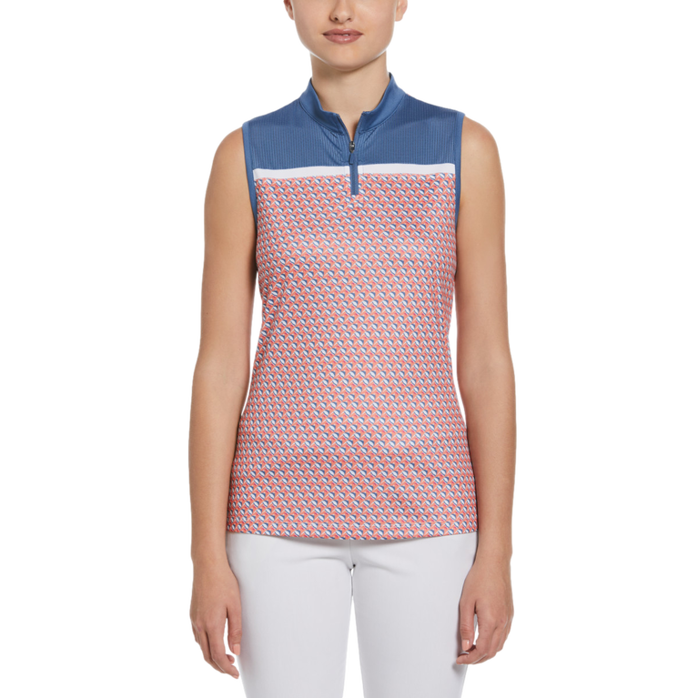 Geo Fish Print Sleeveless Racerback Polo Shirt