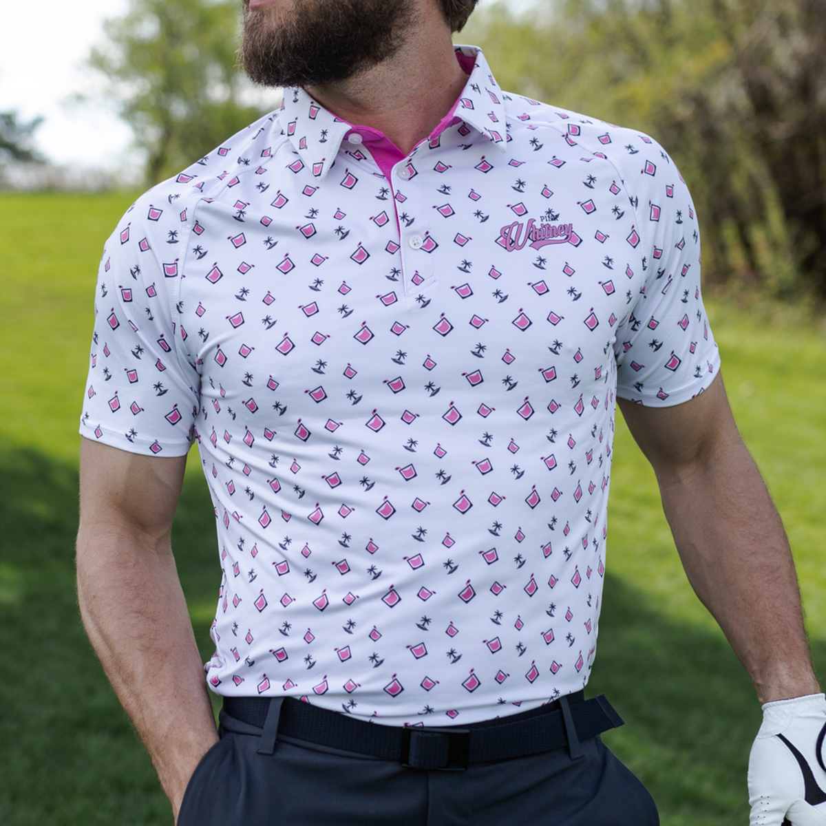 Barstool Sports UNRL X Pink Whitney Script Cocktails Polo PGA TOUR