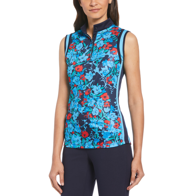 Floral Print Sleeveless Golf Polo Shirt