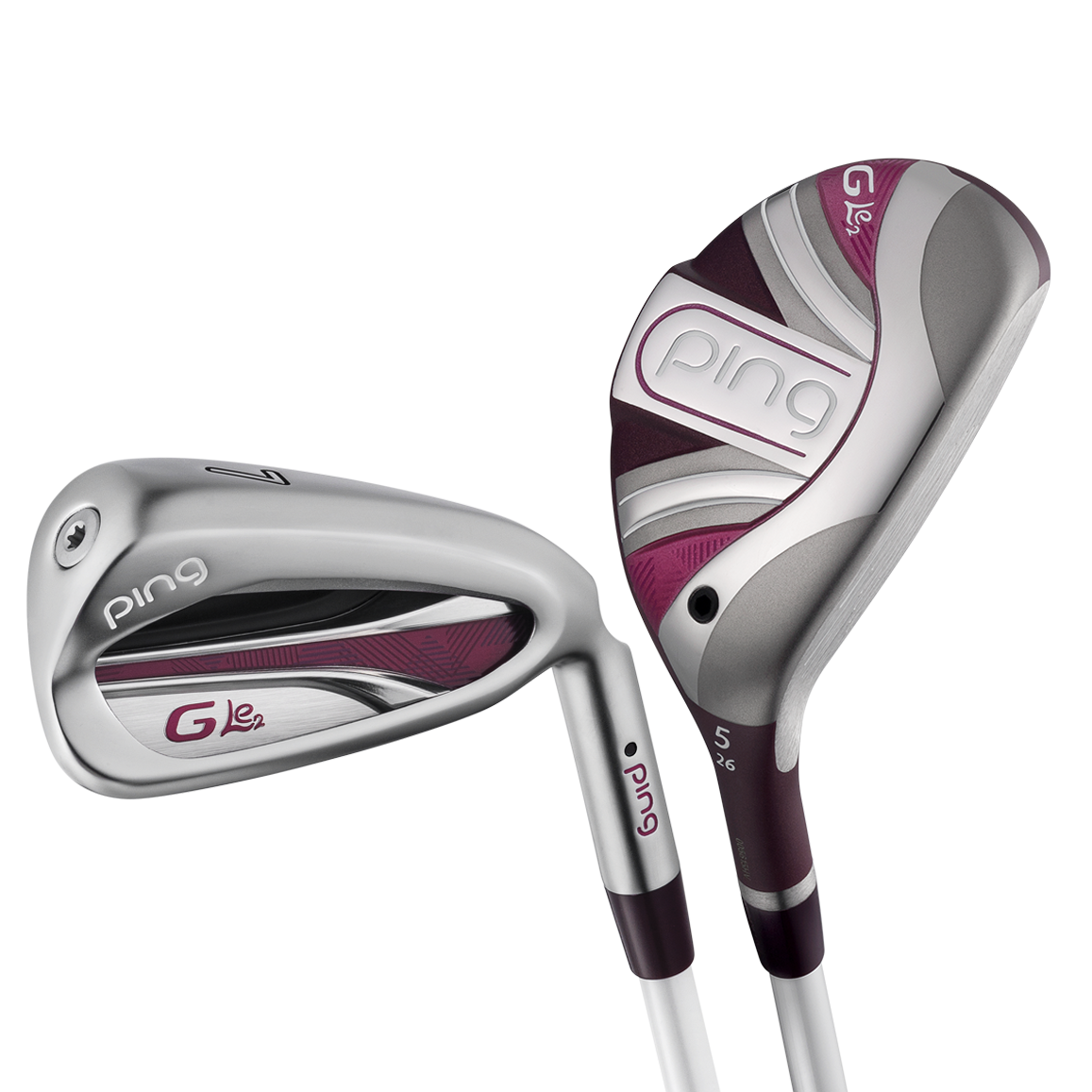 Ping G Le 2 Combo Set, Best Ladies Ping Golf Clubs shown with 2 clubheads in a pretty striped design.