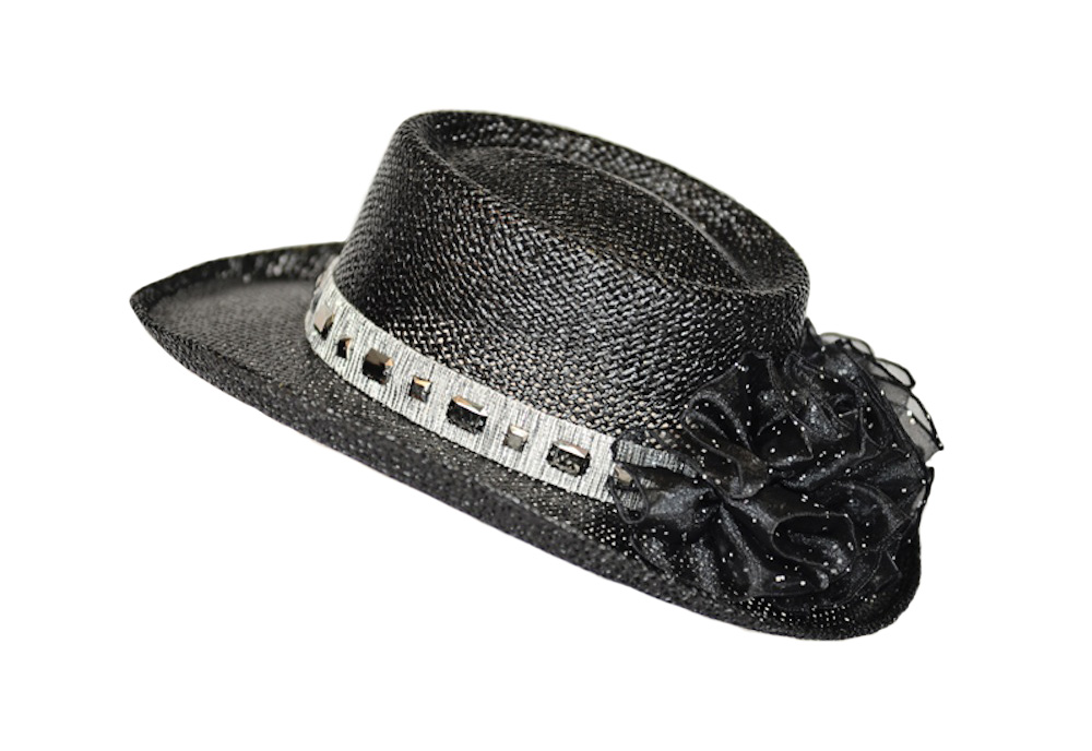 Dots Hats Straw Hat- Black w/ Black Stone Trim