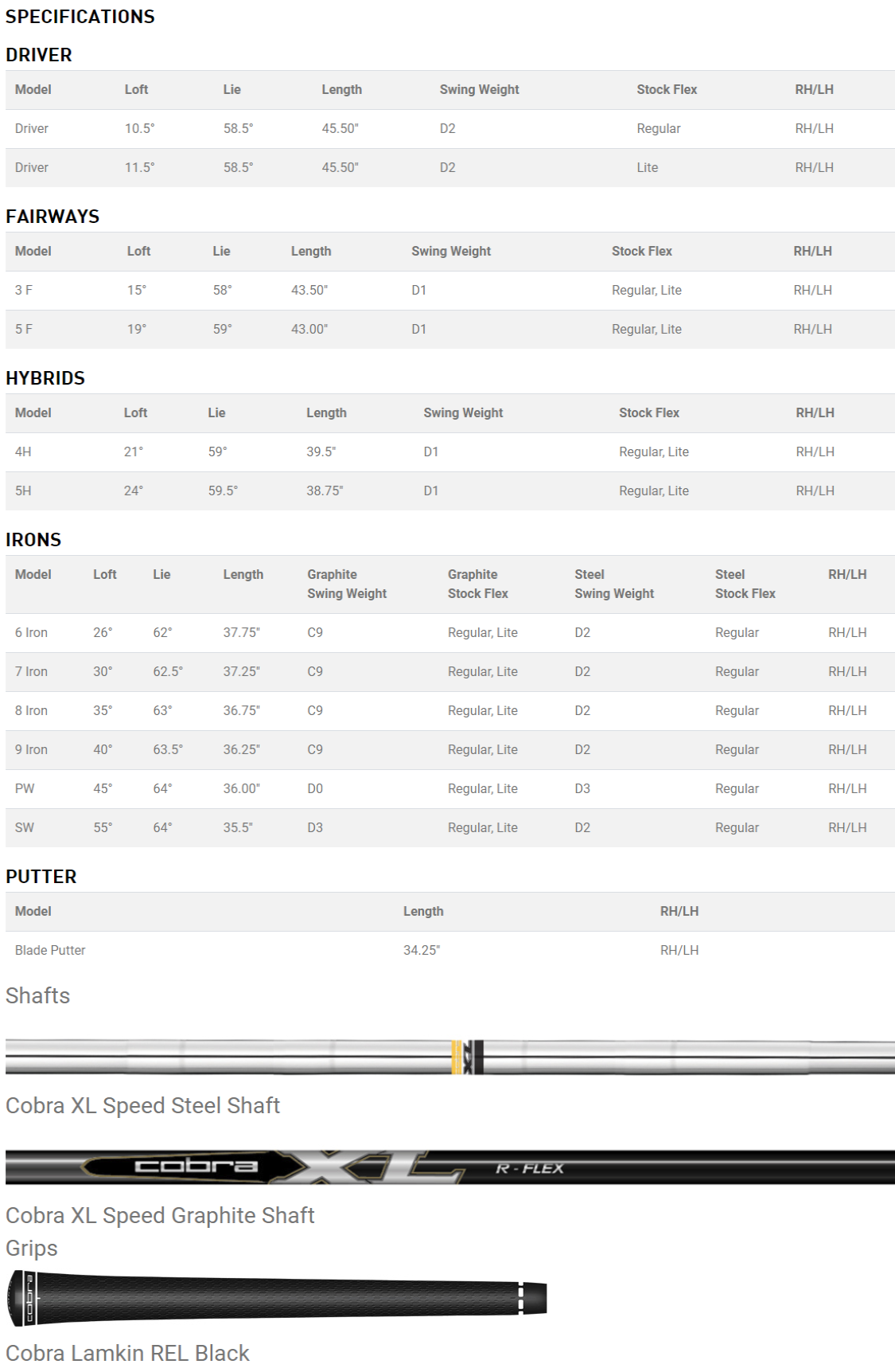 Cobra XL Speed Complete Set Tech Specs