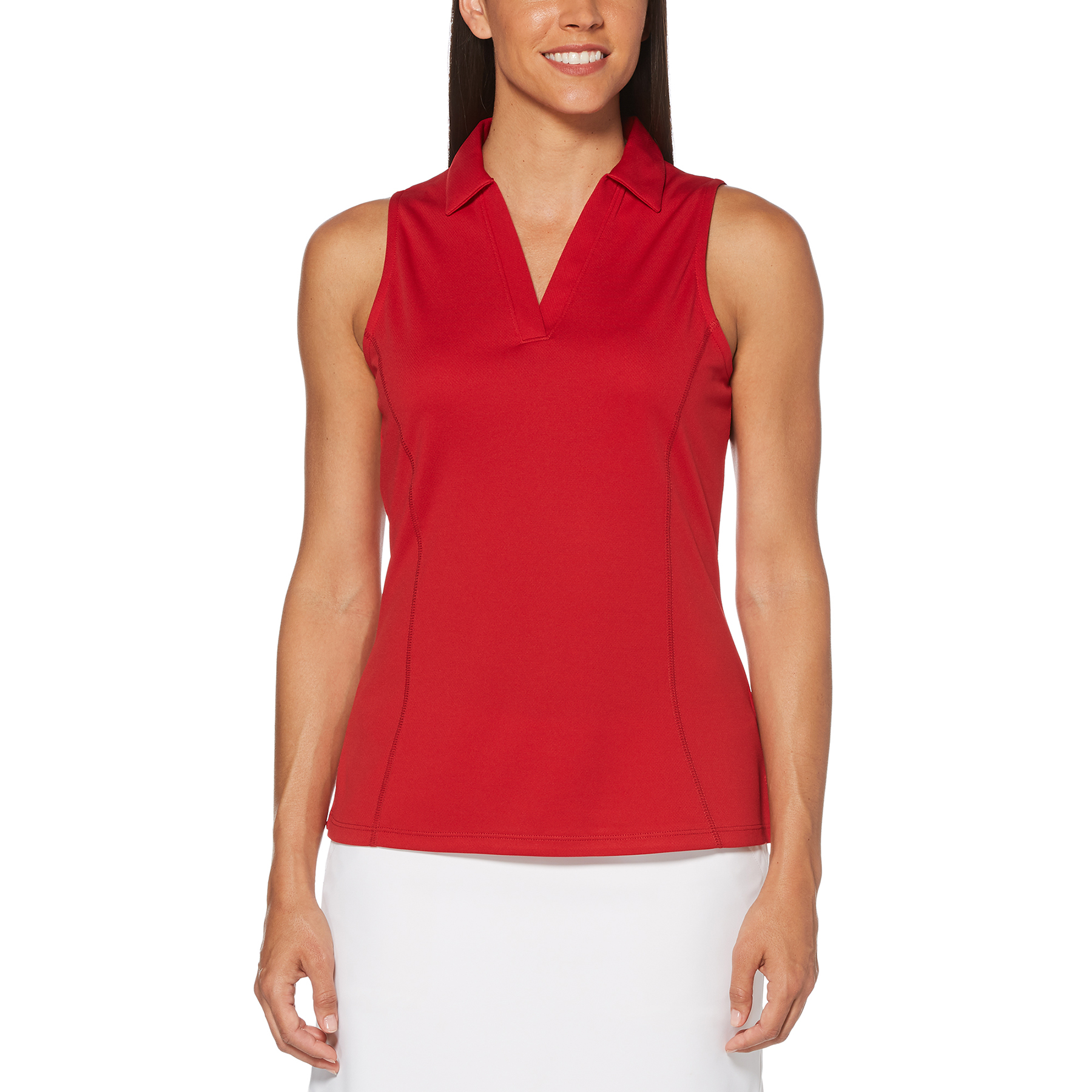 red sleeveless golf shirt