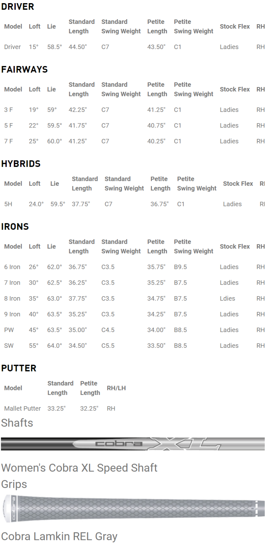 Cobra XL Speed Womens Complete Set Tech Specs
