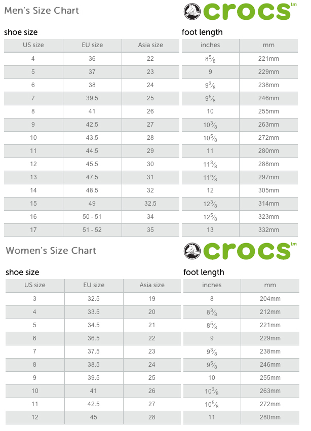 crocs footwear women's sizing chart