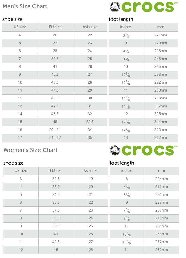 crocs shoe chart