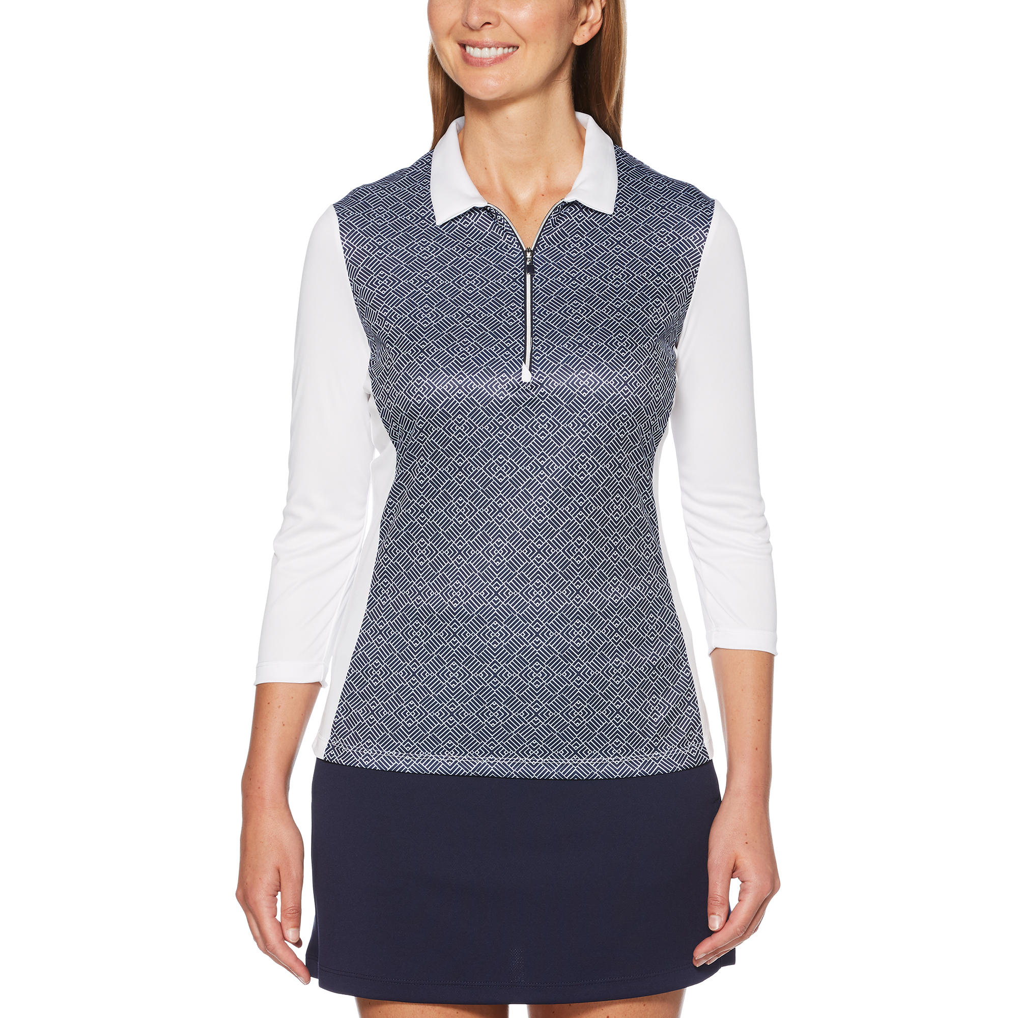 Women's Two Tone Tile Print 3/4 Sleeve Polo Golf Shirt